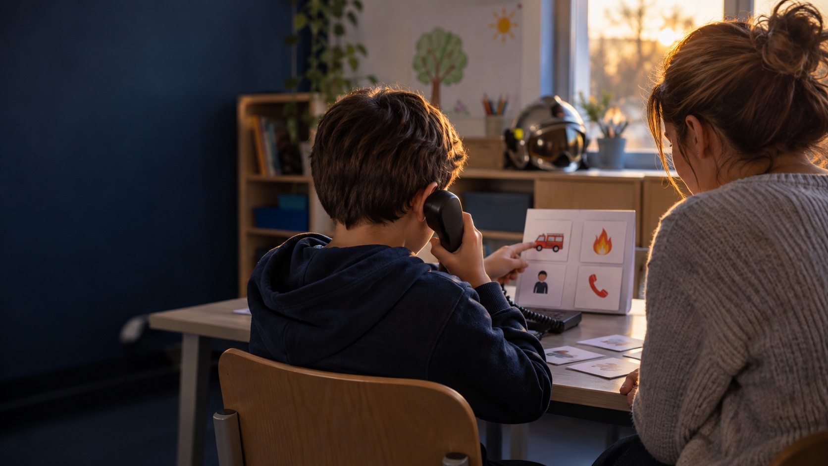 Illustration d’un enfant et d’une accompagnante préparant une simulation d’appel avec des pictogrammes